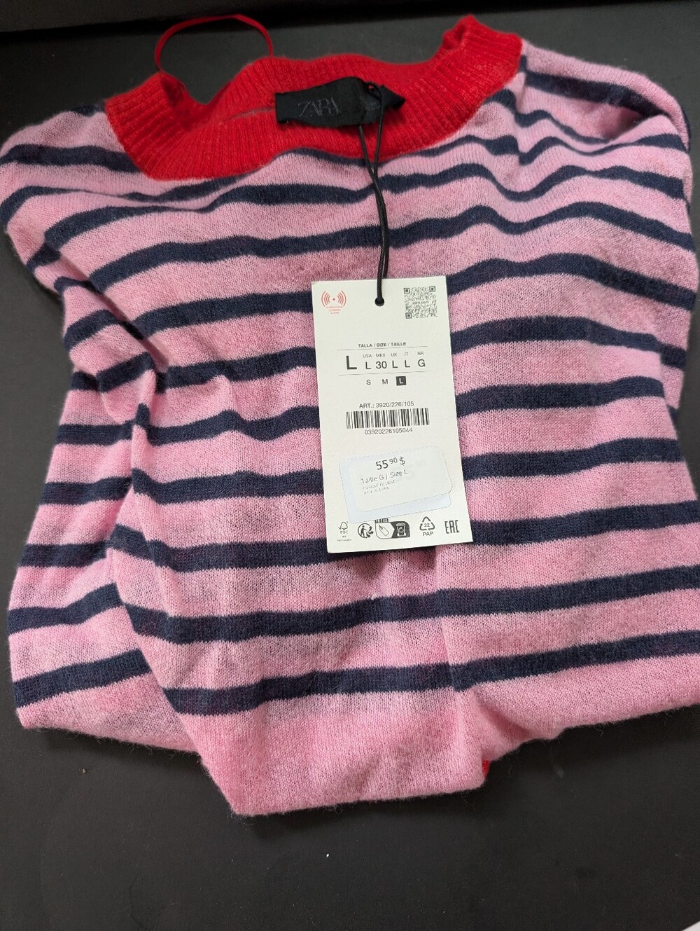 Zara Pink and Navy Striped Crewneck Sweater with Red Trim NWT